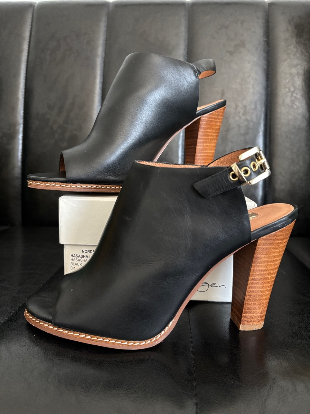 HALOGEN Hasasha-Lea Black Leather Peep-Toe Slingback Heel